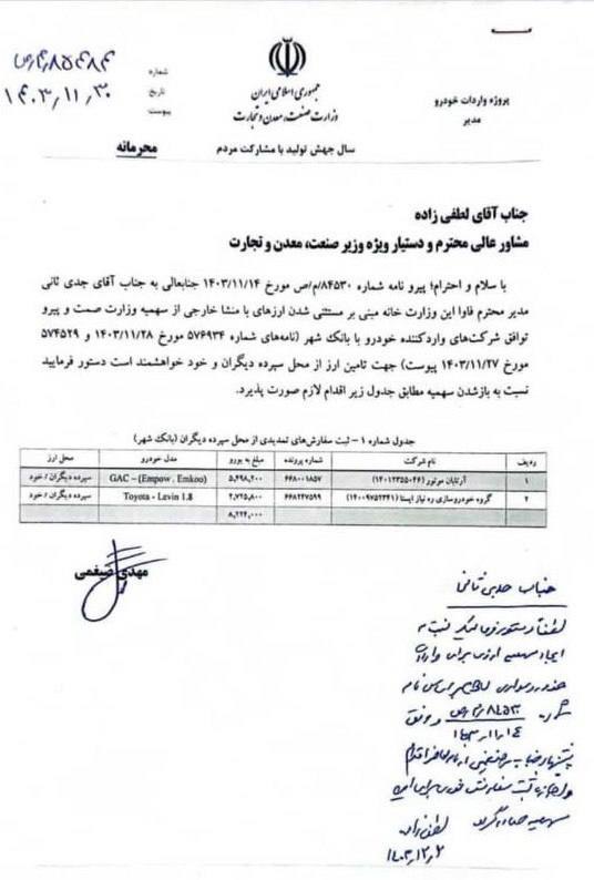 نامه جنجالی درباره سهمیه CBU