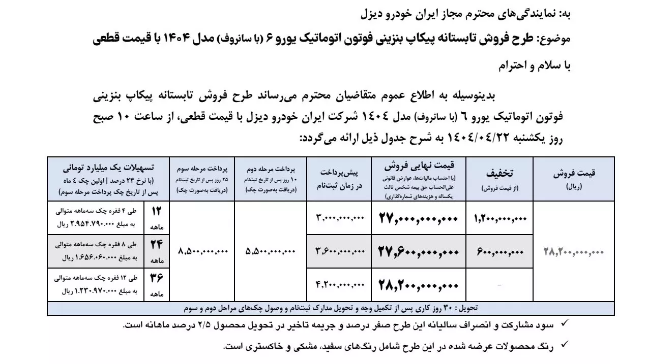 شرایط فروش پیکاپ فوتون اتوماتیک ایران خودرو دیزل تیر ۱۴۰۴