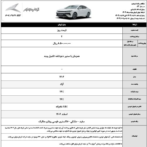 شرایط فروش کی ام سی J7 کرمان موتور