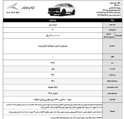 شرایط فروش کی ام سی X5 کرمان موتور مرداد ۱۴۰۴