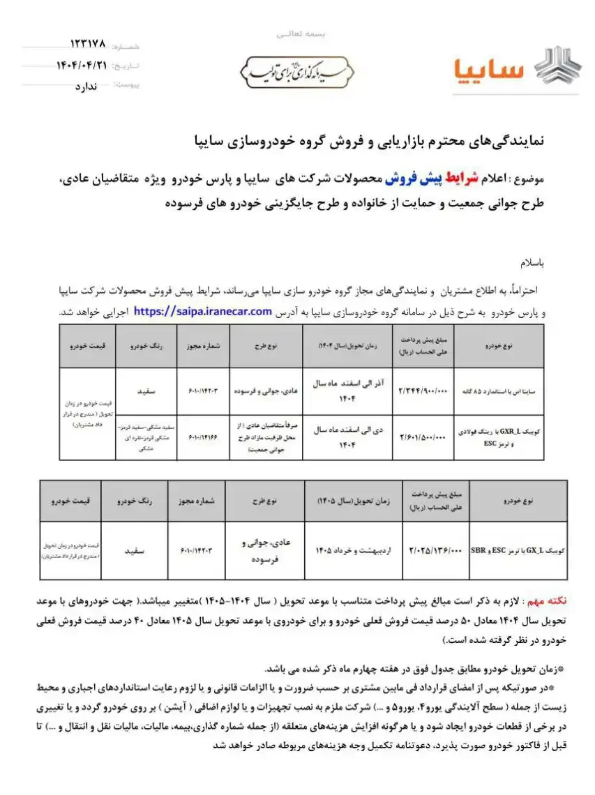 شرایط فروش سایپا تیر ۱۴۰۴ برای ساینا S و کوییک GX و GXR در قالب پیشفروش دو مرحلهای