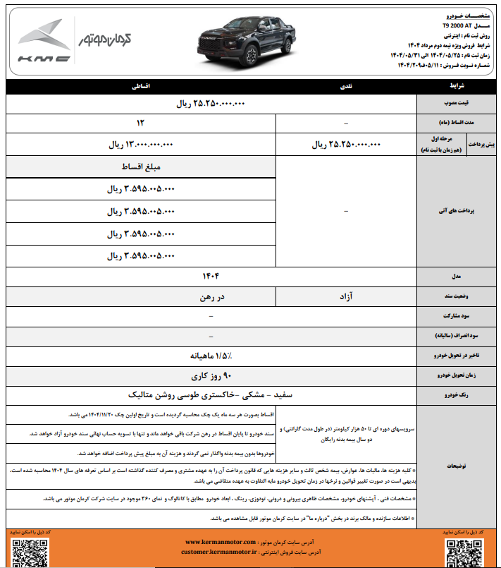 شرایط فروش و پیشفروش پیکاپ KMC T9 کرمان موتور