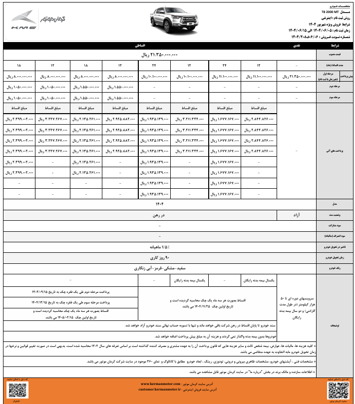 شرایط فروش KMC SR3 و پیکاپ T8 کرمان