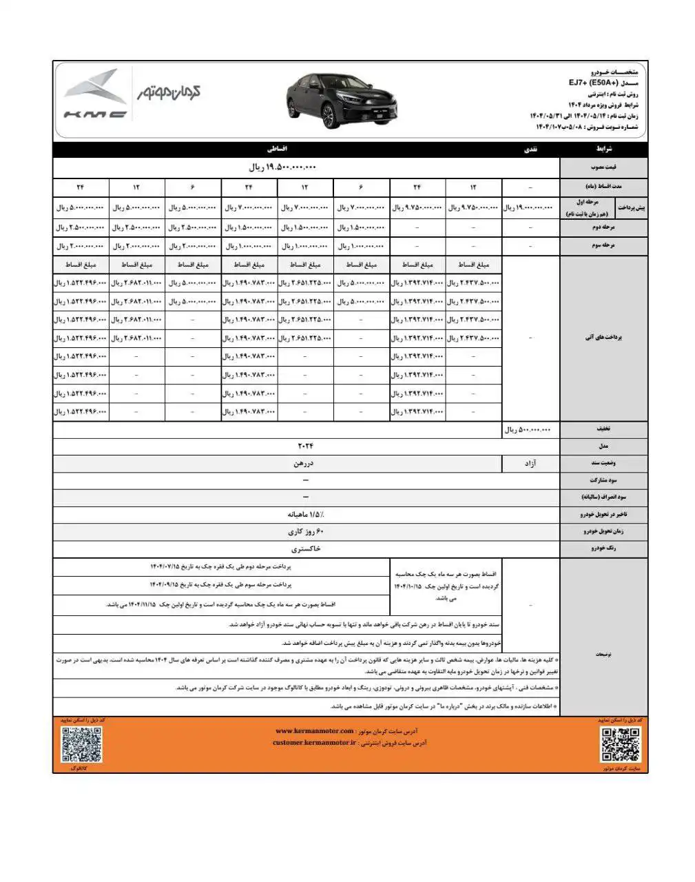 شرایط فروش کی ام سی EJ7 مرداد ۱۴۰۴