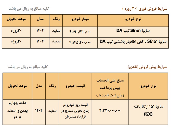 فروش سایپا ۱۵۱ شهریور ۱۴۰۴