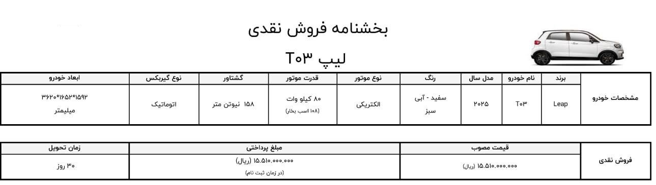 شرایط فروش خودروی برقی لیپ موتور T03 اعلام شد