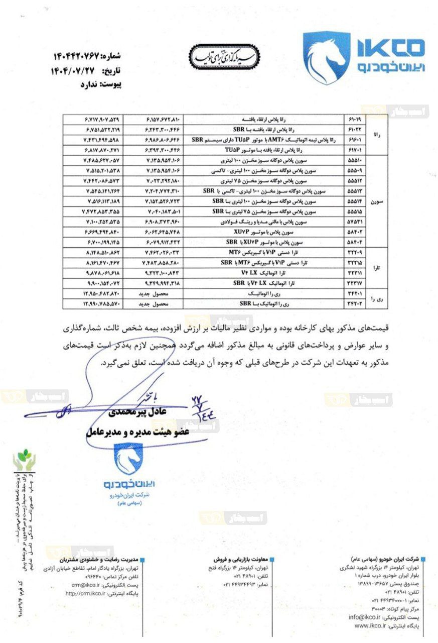 قیمت جدید محصولات ایرانخودرو مهر ۱۴۰۴