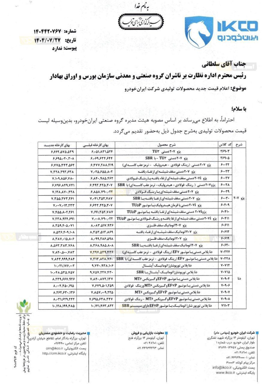 قیمت جدید محصولات ایرانخودرو مهر ۱۴۰۴