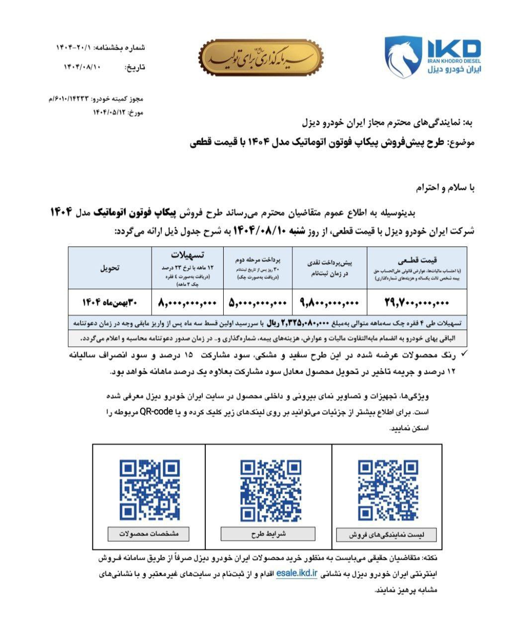 طرح فروش پیکاپ فوتون اتوماتیک مدل ۱۴۰۴ آغاز شد