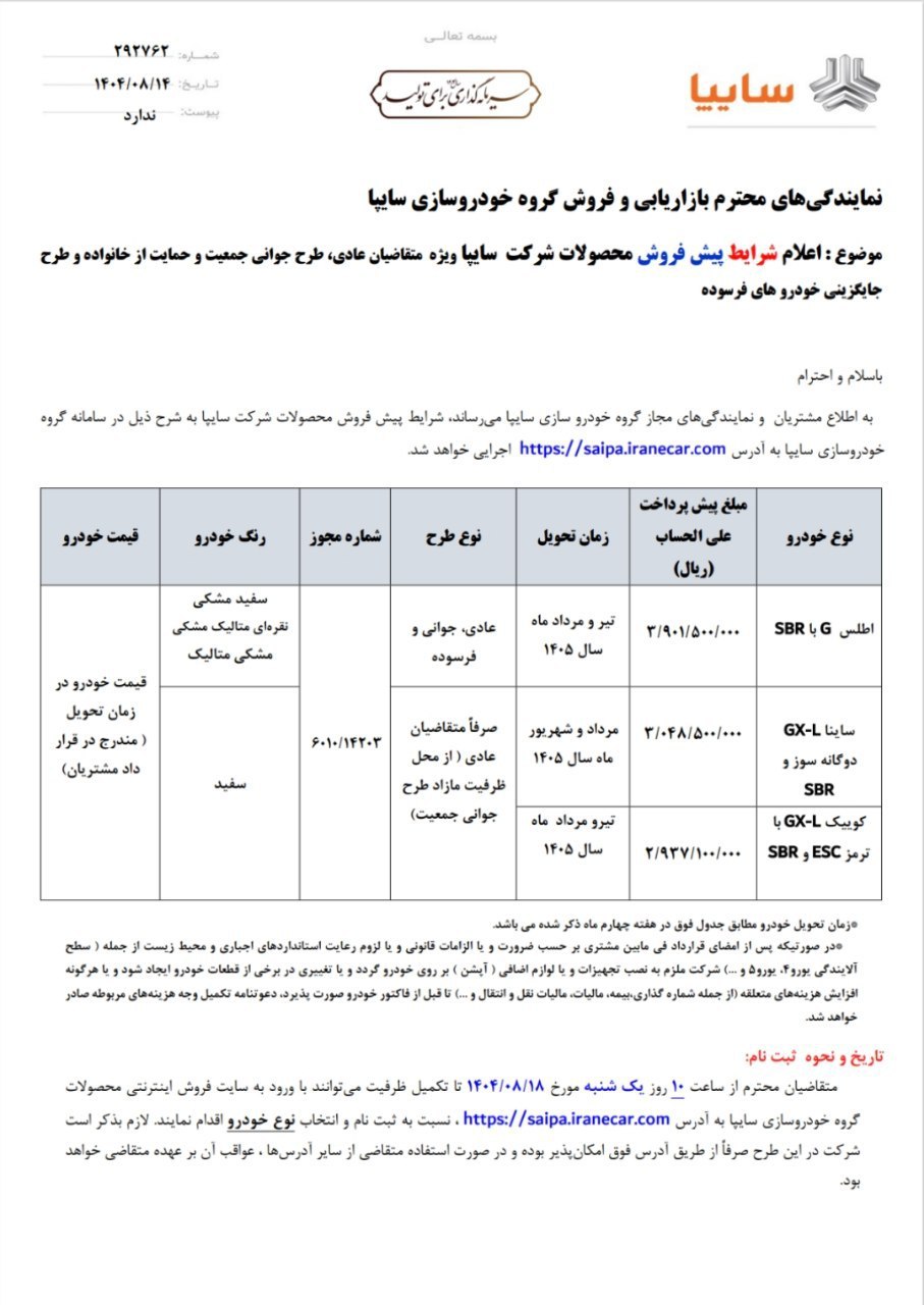 طرح پیشفروش جدید سایپا از ۱۸ آبان آغاز میشود