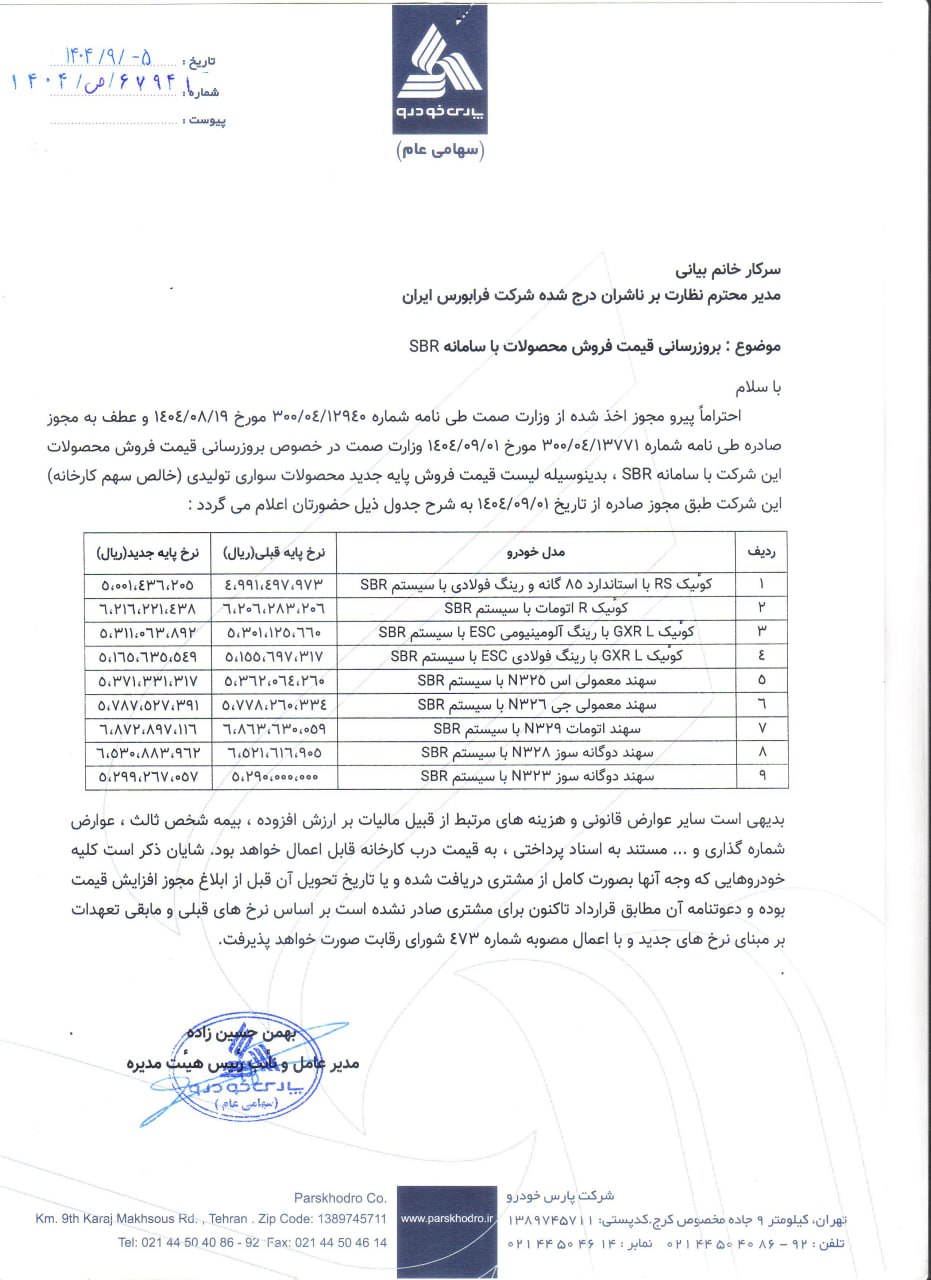 قیمت جدید محصولات پارس خودرو