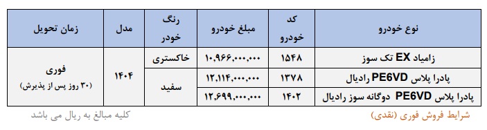 زامیاد EX تک‌سوز و پادرا پلاس در طرح فروش فوری سایپا