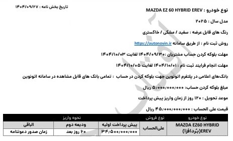 شرایط جدید فروش مزدا EZ6 اعلام شد | آغاز ثبت‌نام از دوشنبه