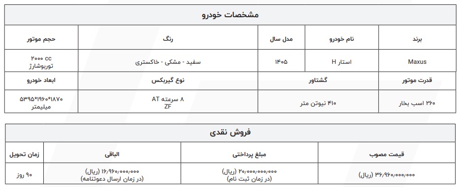 آغاز فروش پیکاپ مکسوس استار H ویژه آذرماه ۱۴۰۴