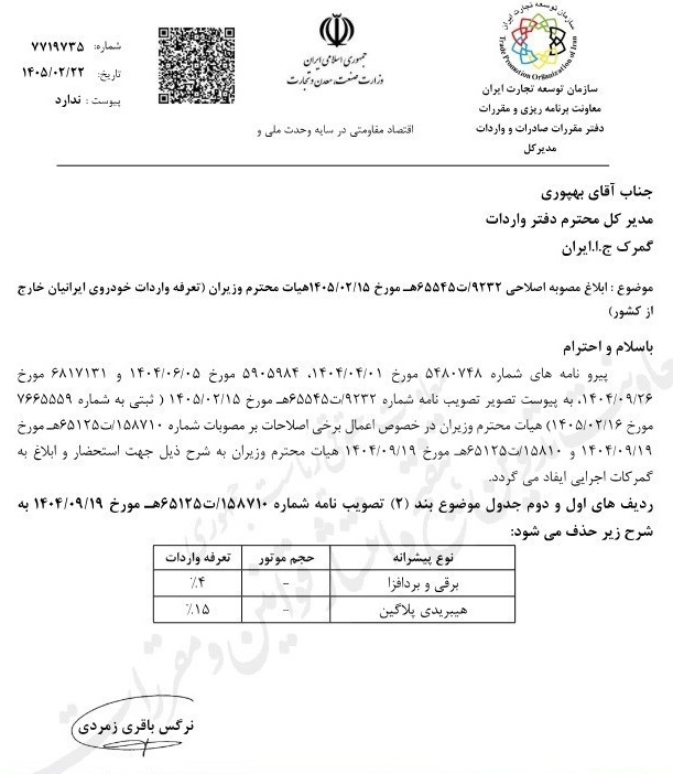 تعرفه واردات خودرو ایرانیان خارج از کشور